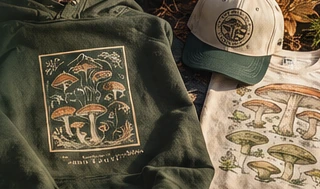 The Field Guide collection featuring a mushroom illustration hoodie, mushroom chart tee and Mushroom Outpost cap