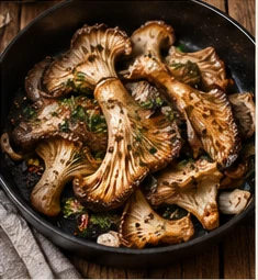 Cooked mushrooms in a skillet, from the website concept artwork